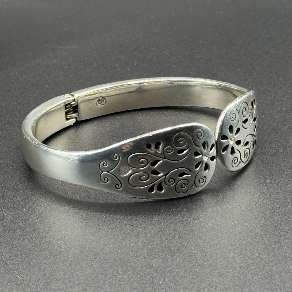 Brighton Crystal  Etched Heart / Floral Hinged Cuff Bracelet.  Great Condition!